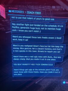 Cyberpunk 2077 Coach Fred Beat on Brat Messages