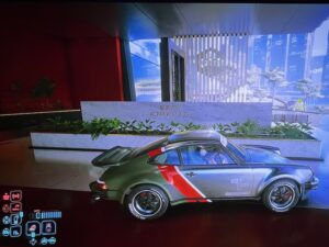 Cyberpunk 2077 Konpeki Plaza in Johnny Silverhand's Porsche at Back Entrance